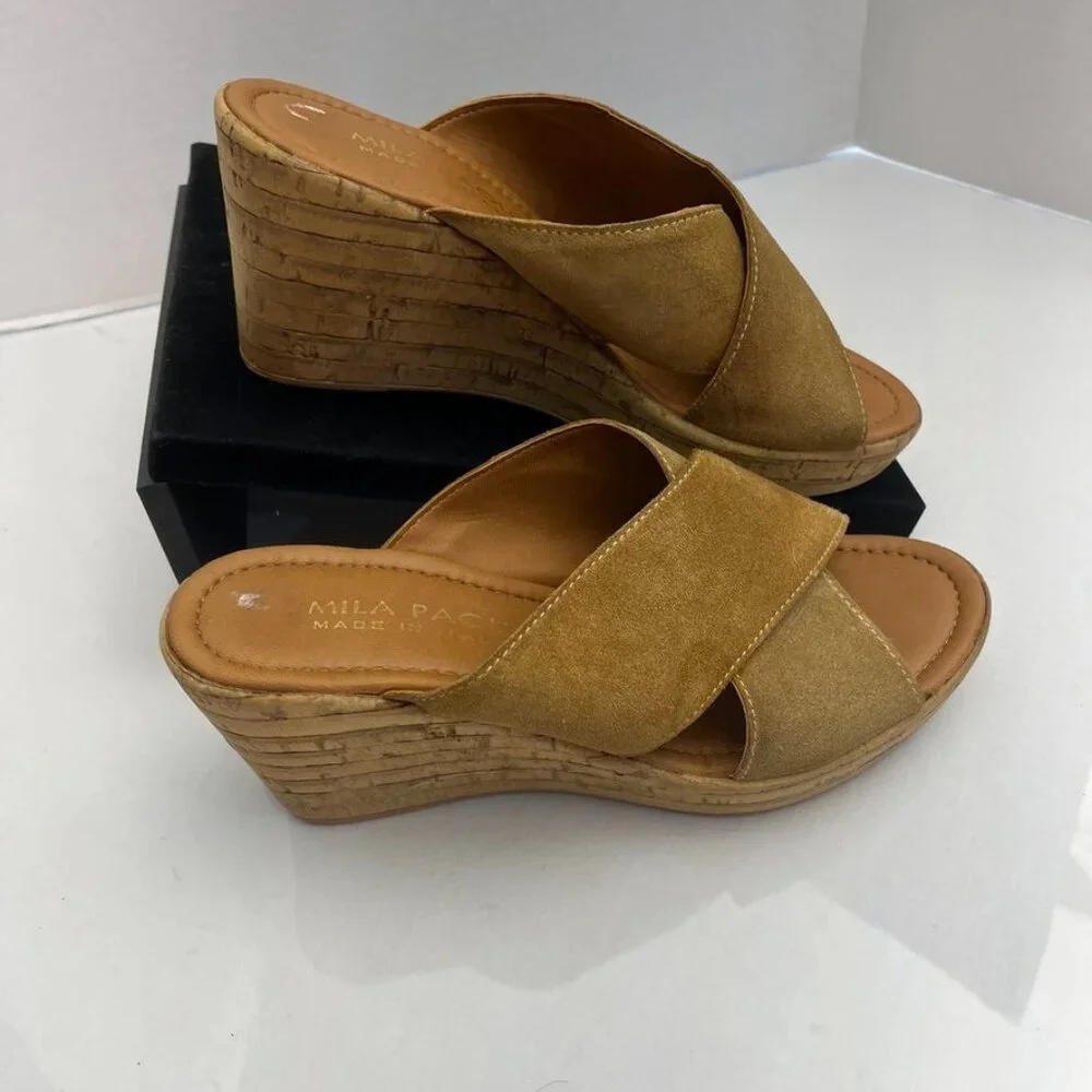 Mila Paoli Italy Suede Cross Strap Cork Wedge Sandals Tan – Est. US 7